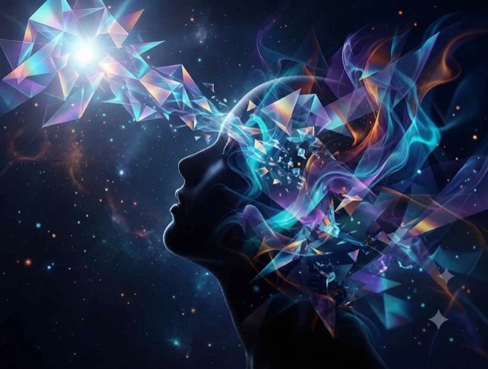 A silhouetted face turned upward against a starry sky, with prisms of light and colour streaming from the crown.