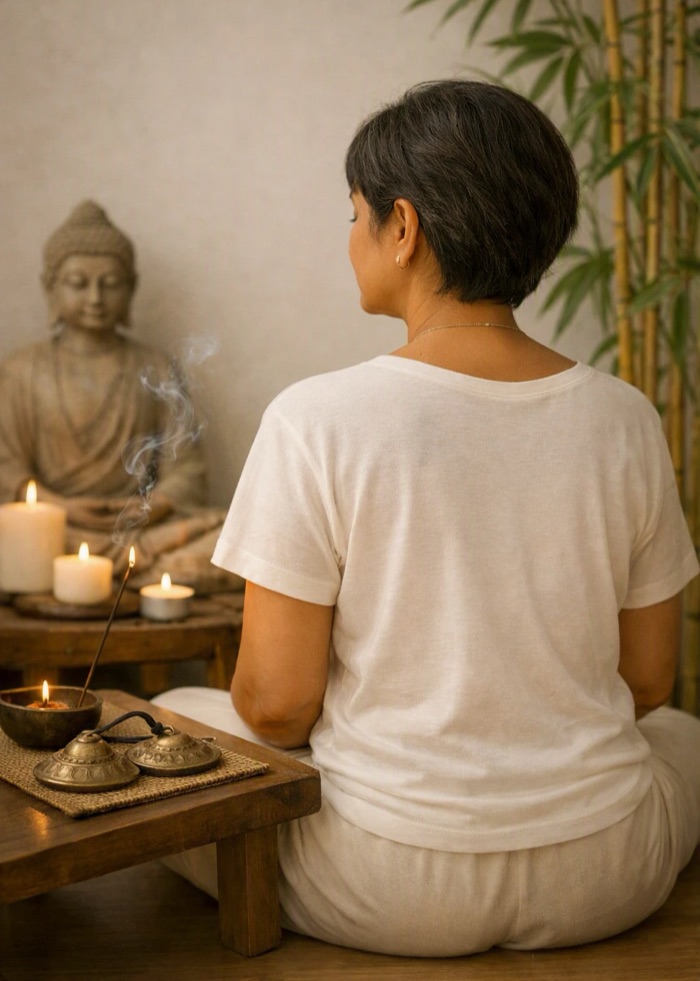 A woman in white sits in meditation, seen from behind, facing a stone Buddha with candles, incense and tingsha cymbals beside her.