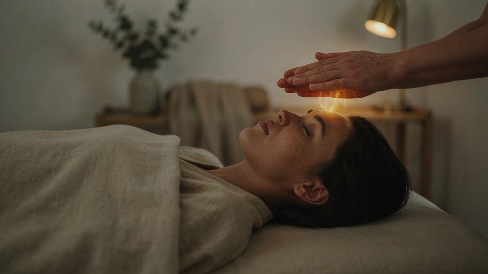 A Reiki session in progress: a practitioner's hands held just above a resting client's forehead in a softly lit room.
