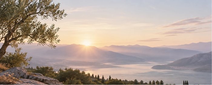 An olive tree on a ridge above a still lake at sunrise.